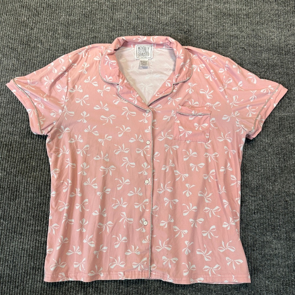 Mentally Exhausted Pajama Top Large Pink White Bow Print Button Up Stretch